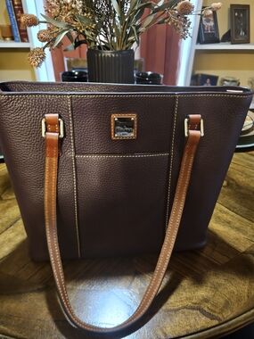 Dooney & Bourke Dark Purple Pebbled Leather Tote with Tan Straps